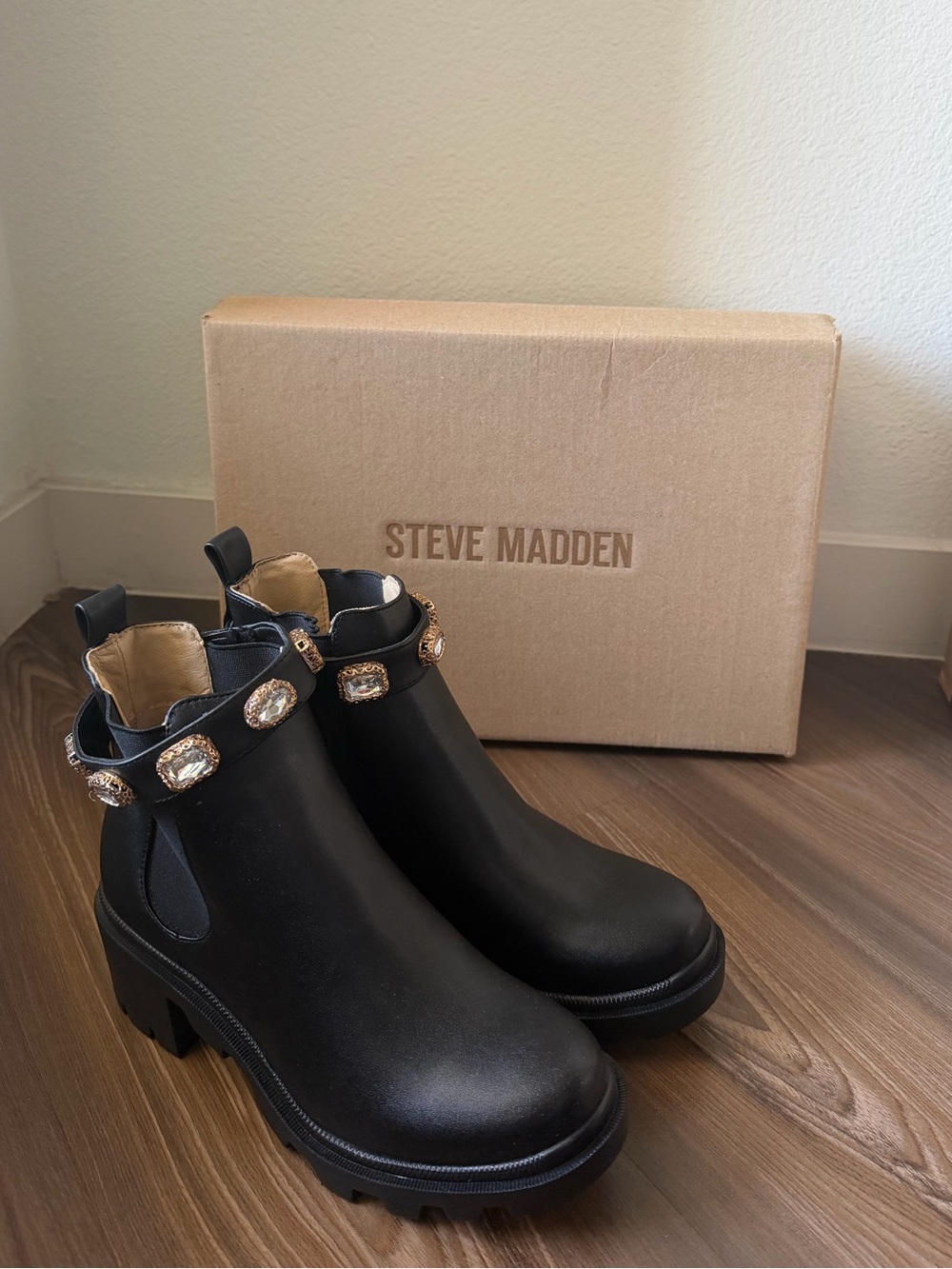 Steve Madden Black Chelsea Ankle Boots with Gem Embellishment